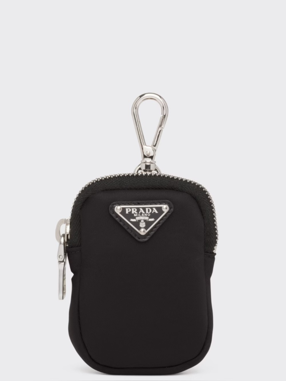 $695 Prada Black Nylon Triangle Logo Pouch with Silver Plaque clip on keychain